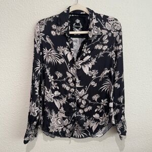 Cino Black White Floral Bird Asian Print Button Down Blouse Crinkle Preppy Boho